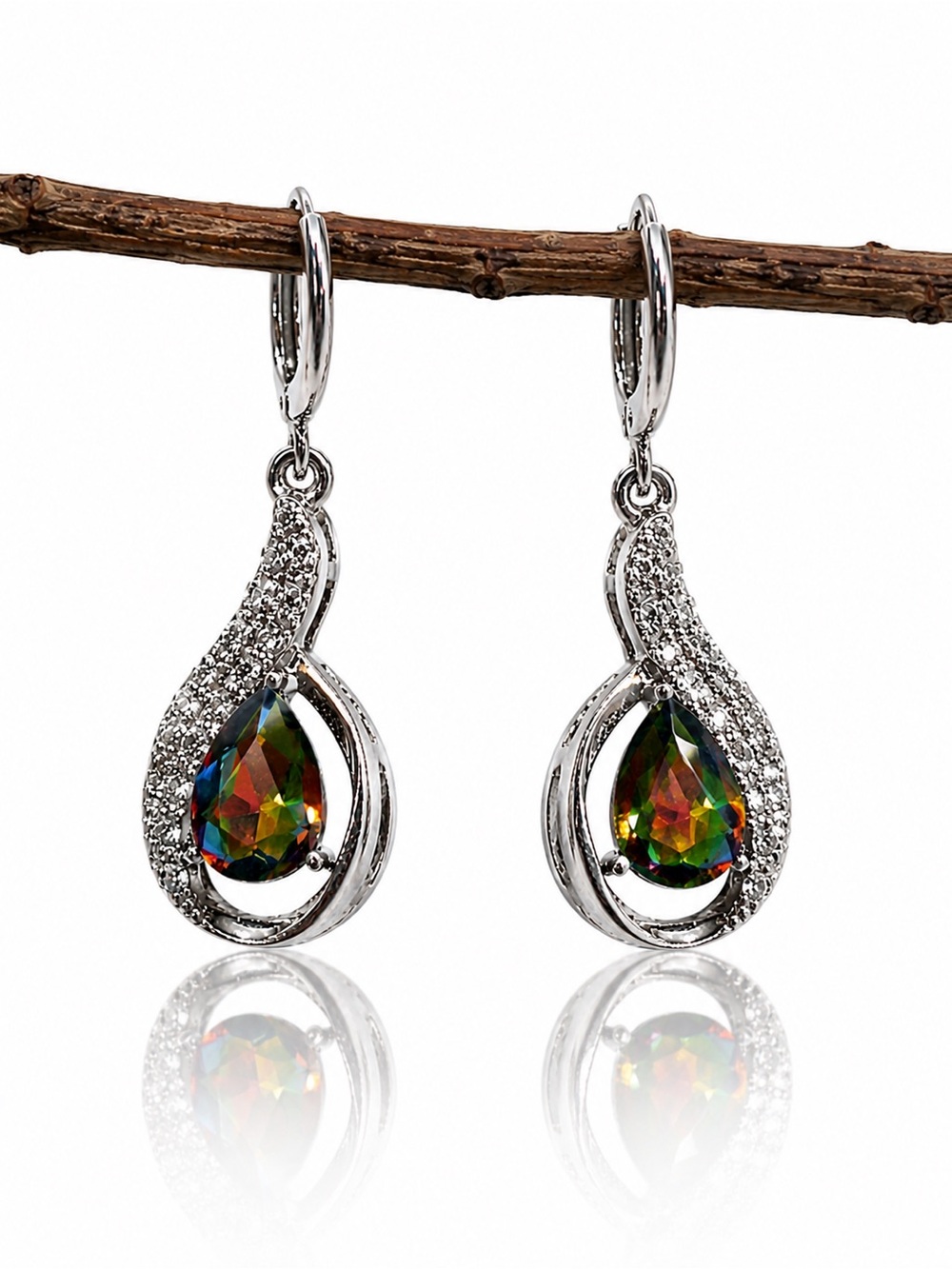 Mystic Rainbow Crystal Teardrop Earrings, Silver Tone Pave Glam